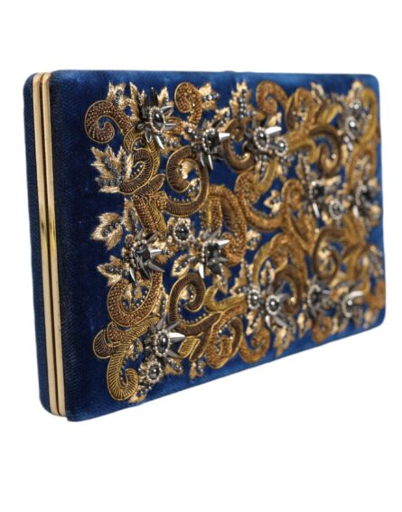 Blue Velvet Gold Frame Clutch Evening Party Purse Bag - Image 2