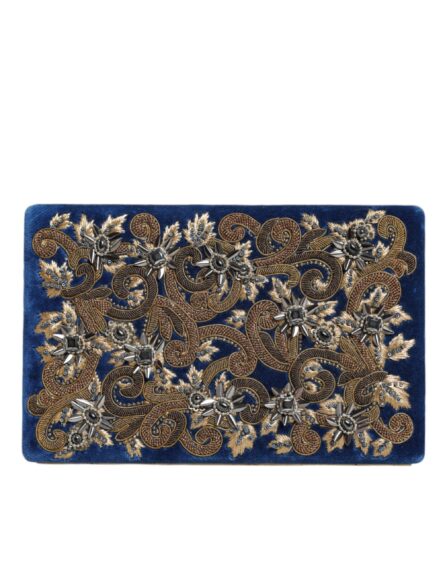 Blue Velvet Gold Frame Clutch Evening Party Purse Bag - Image 3