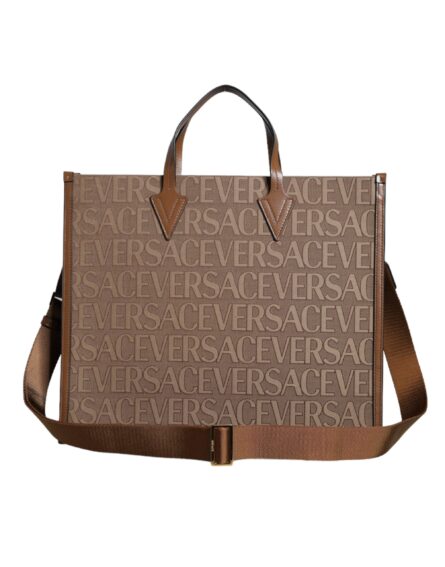Brown Top Handle Jacquard Leather Logo Crossbody Tote Bag - Image 2