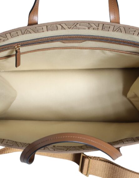 Brown Top Handle Jacquard Leather Logo Crossbody Tote Bag - Image 8
