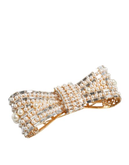 Gold Tone Brass Bow Crystal FauxPearl Embellished Brooch - Image 3