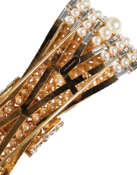 Gold Tone Brass Bow Crystal FauxPearl Embellished Brooch - Image 5