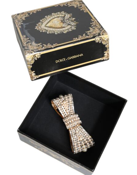 Gold Tone Brass Bow Crystal FauxPearl Embellished Brooch - Image 7