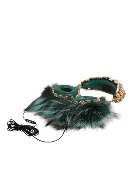 Green Gold Crystal Fur Headset Audio AUX Headphones - Image 2