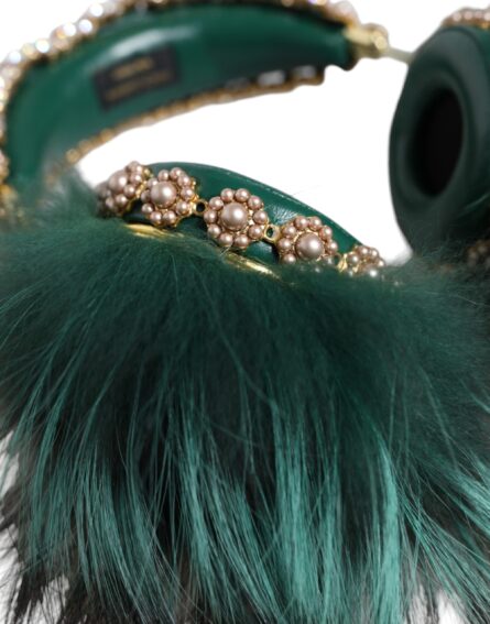 Green Gold Crystal Fur Headset Audio AUX Headphones - Image 8
