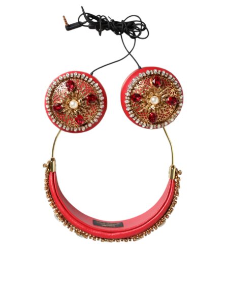 Red Nappa Leather Floral Crystal Headphone - Image 5