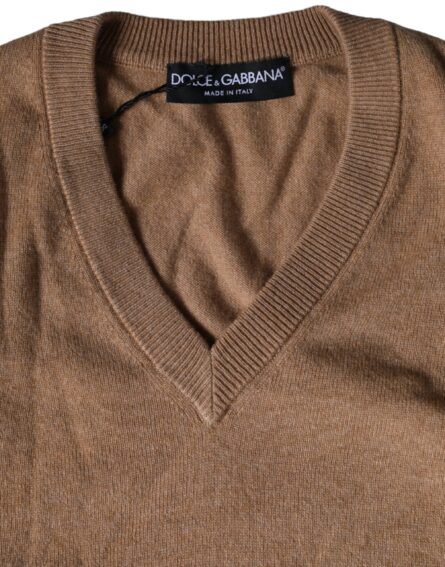 Brown Cashmere Knit V-neck Pullover Sweater - Image 3