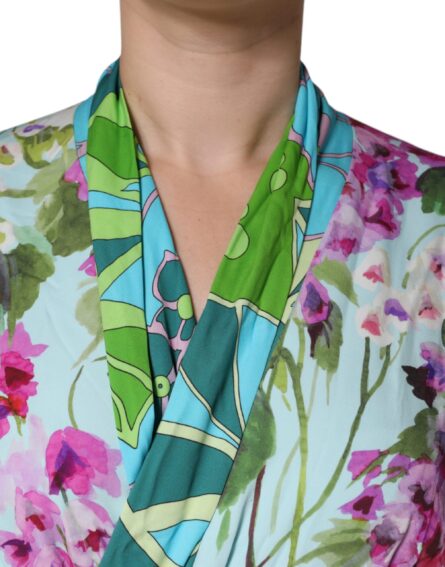 Multicolor Floral Silk Stretch Wrap Dress - Image 7