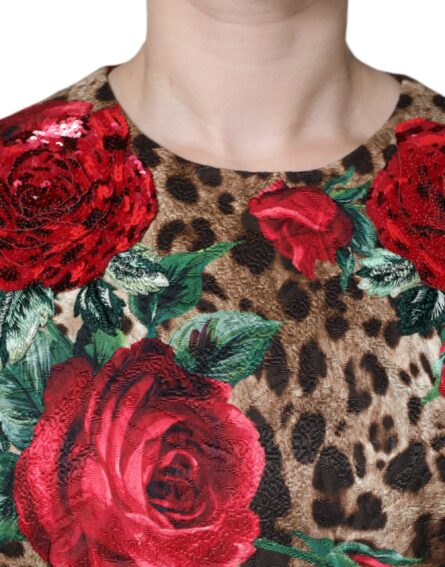 Brown Leopard Red Roses Cotton A-line Dress - Image 5