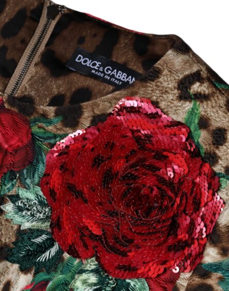 Brown Leopard Red Roses Cotton A-line Dress - Image 6