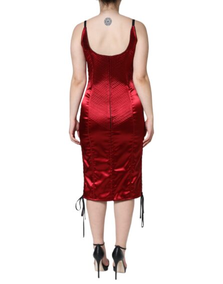 Red Bustier Corset Lace Bodycon Midi Dress - Image 4