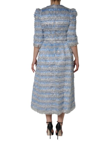 Light Blue Silver Jacquard A-line Midi Dress - Image 4
