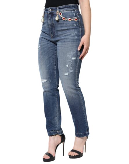 Dark Blue Cotton Tattered Skinny Denim Jeans - Image 3