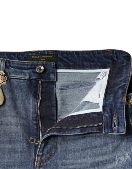 Dark Blue Cotton Tattered Skinny Denim Jeans - Image 8