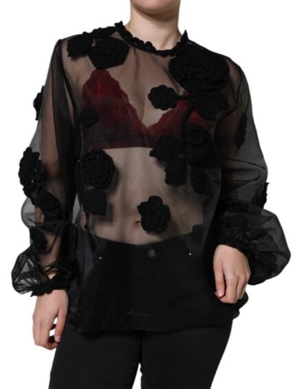Black Nylon Mesh Transparent Floral Blouse - Image 2