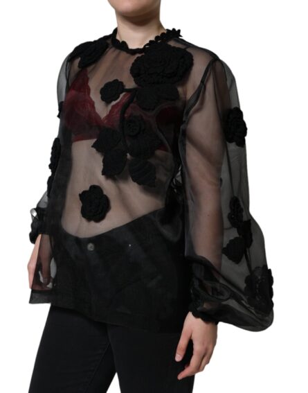 Black Nylon Mesh Transparent Floral Blouse - Image 3