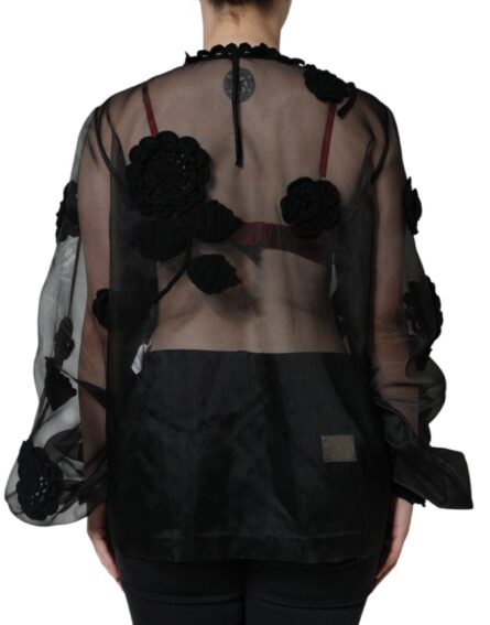 Black Nylon Mesh Transparent Floral Blouse - Image 4
