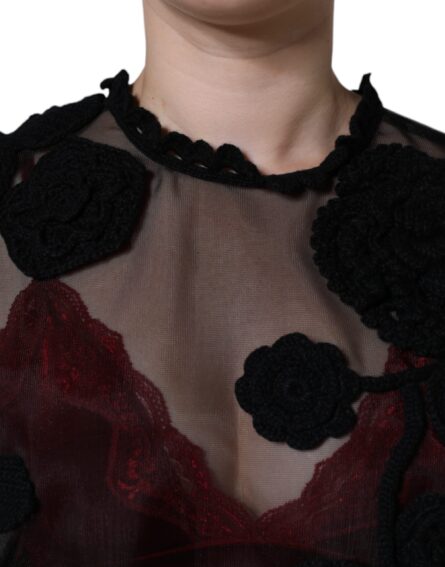 Black Nylon Mesh Transparent Floral Blouse - Image 5