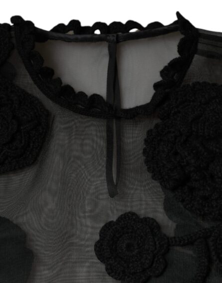 Black Nylon Mesh Transparent Floral Blouse - Image 6