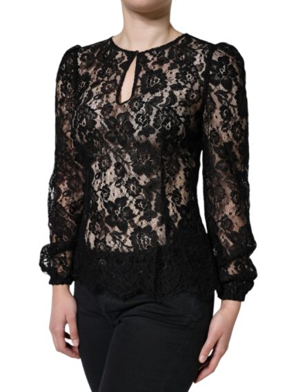 Black Floral Lace See Through Long Sleeve Top - Image 2