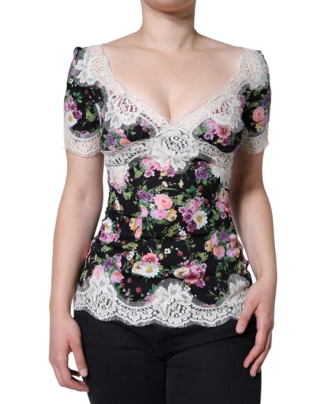 Black Floral Lace Short Sleeves Blouse Top - Image 2