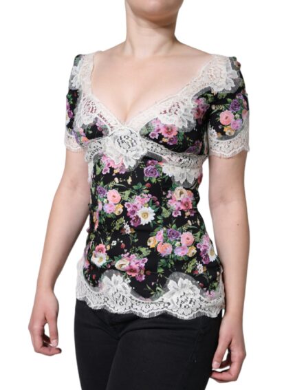 Black Floral Lace Short Sleeves Blouse Top - Image 3