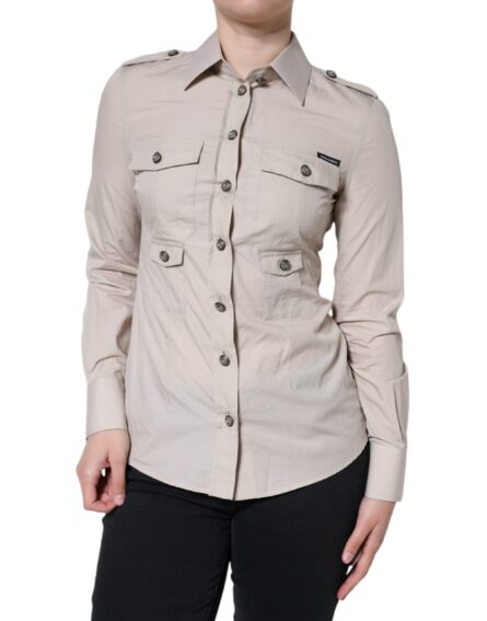 Beige Cotton Collared Button Down Shirt Top - Image 2