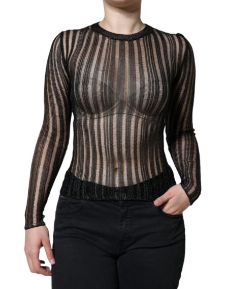 Black Stripe See Through Long Sleeves Top - Image 2