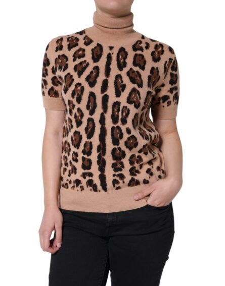 Beige Leopard Print Wool Turtleneck Top - Image 2