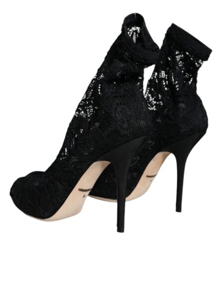 Black Lace Stretch Heels Mid Calf Boot Shoes - Image 3