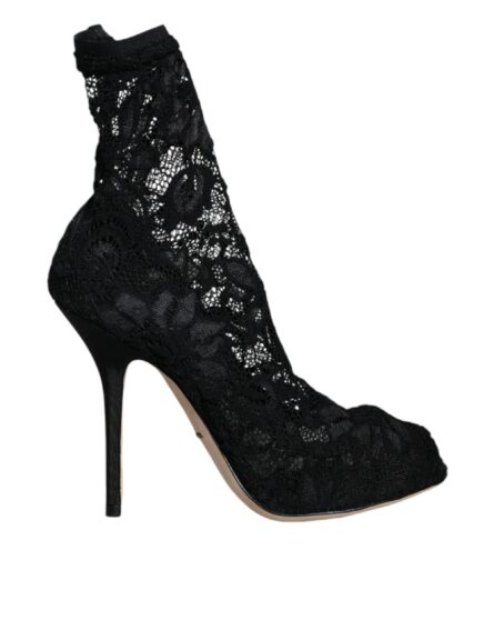 Black Lace Stretch Heels Mid Calf Boot Shoes - Image 7
