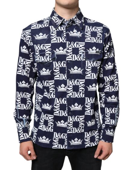 Blue Crown Logo Print Slim Fit Cotton Shirt - Image 2