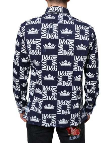 Blue Crown Logo Print Slim Fit Cotton Shirt - Image 4