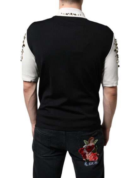 White Black Silk Studded Stone Crystal Shirt - Image 4
