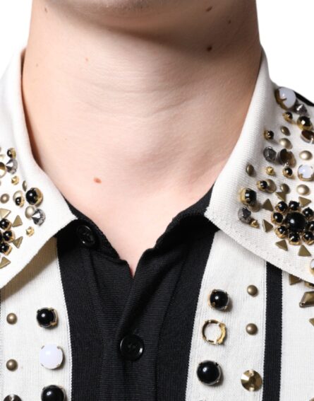 White Black Silk Studded Stone Crystal Shirt - Image 5