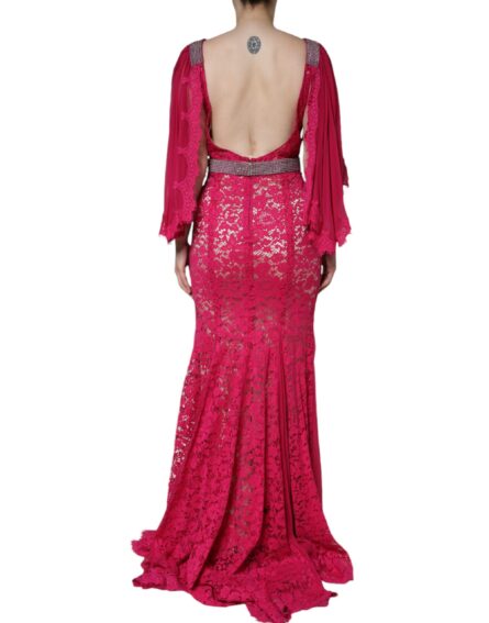 Pink Lace Crystal Sheath Long Gown Dress - Image 4