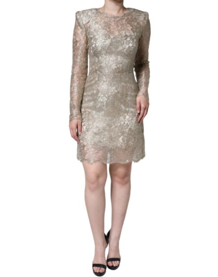 Gold Floral Lace A-line Sheath Mini Dress - Image 2
