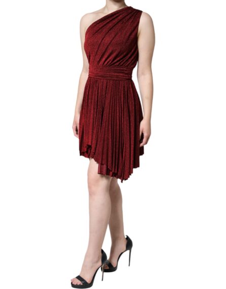 Red One Shoulder Pleated A-line Mini Dress - Image 2