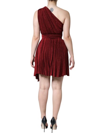 Red One Shoulder Pleated A-line Mini Dress - Image 3