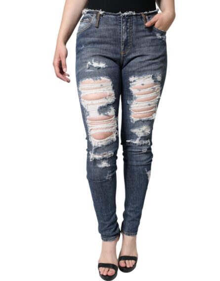 Blue Cotton Stretch Tattered Skinny Jeans - Image 2