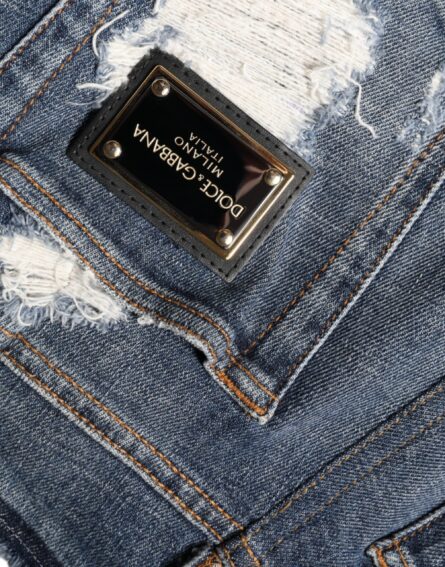Blue Cotton Stretch Tattered Skinny Jeans - Image 6