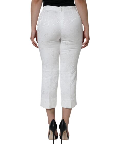 White Floral Brocade Cotton Cropped Pants - Image 4