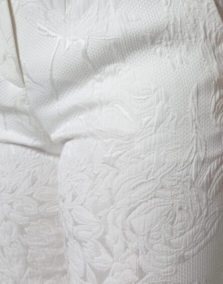 White Floral Brocade Cotton Cropped Pants - Image 5