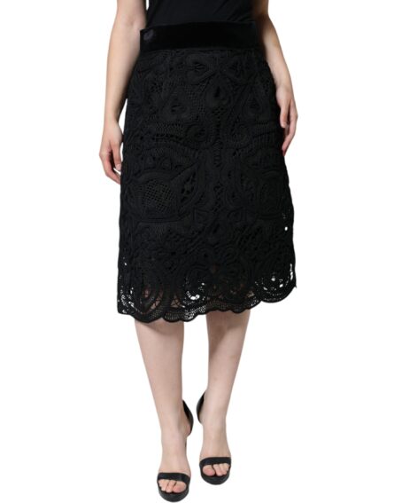Black Floral Lace High Waist Pencil Cut Skirt - Image 7