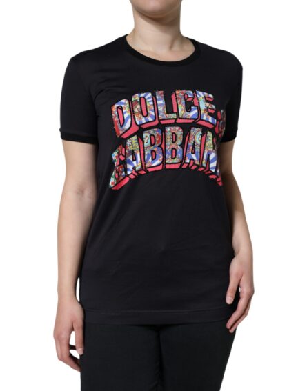 Black Cotton Logo Print Round Neck T-shirt - Image 2