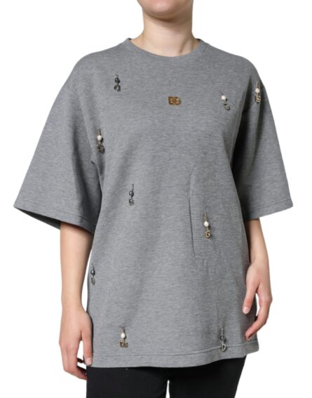 Gray Cotton Blend Embellished Tee T-shirt - Image 2