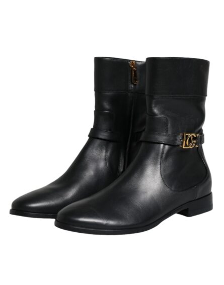 Black Leather Logo Mid Calf Boots Shoes - Image 3