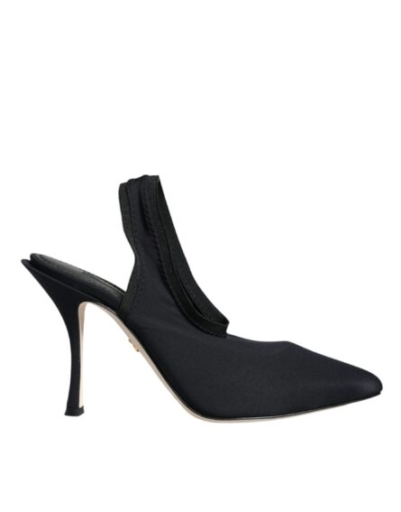Black Jersey Stretch Heels Slingback Shoes - Image 8