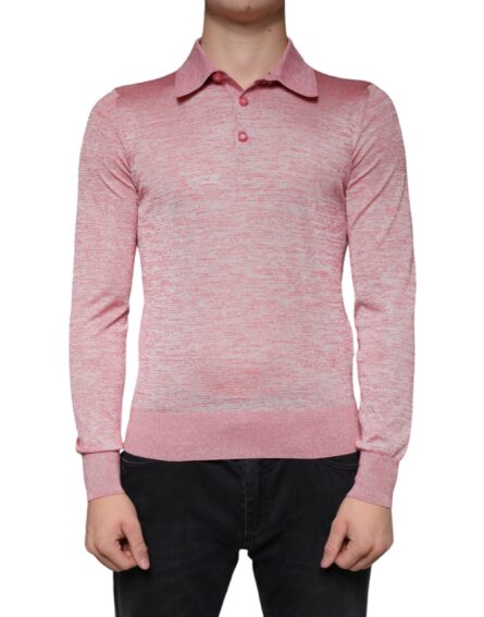 Pink Polyester Long Sleeve Men Polo T-shirt - Image 2