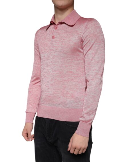 Pink Polyester Long Sleeve Men Polo T-shirt - Image 3